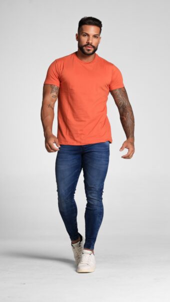Calça Jeans Com Rebolhos, Used, Bigode no laser E Acessórios Laranja.