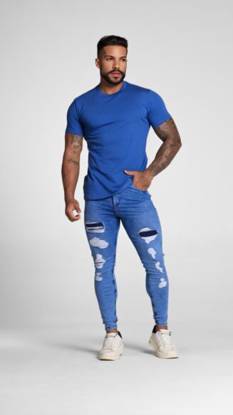Calça Jeans Com Rebolhos, Devorê E Acessórios Azul.