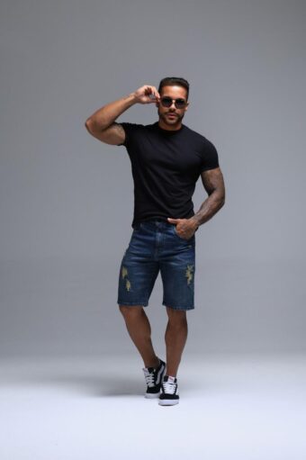 BERMUDA JEANS AZUL MÉDIO COM DETALHES NO BOLSO