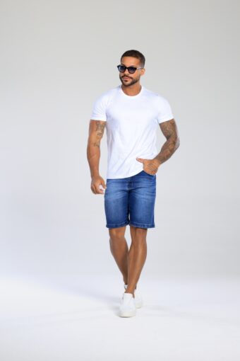 BERMUDA JEANS ESCURA BOTÃO BRANCO