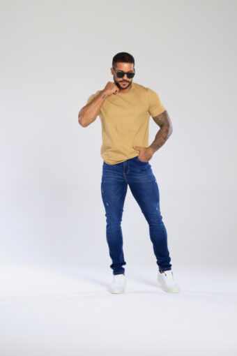 CALÇA JEANS SLIM LAVAGEM ESCURAS E RASGOS