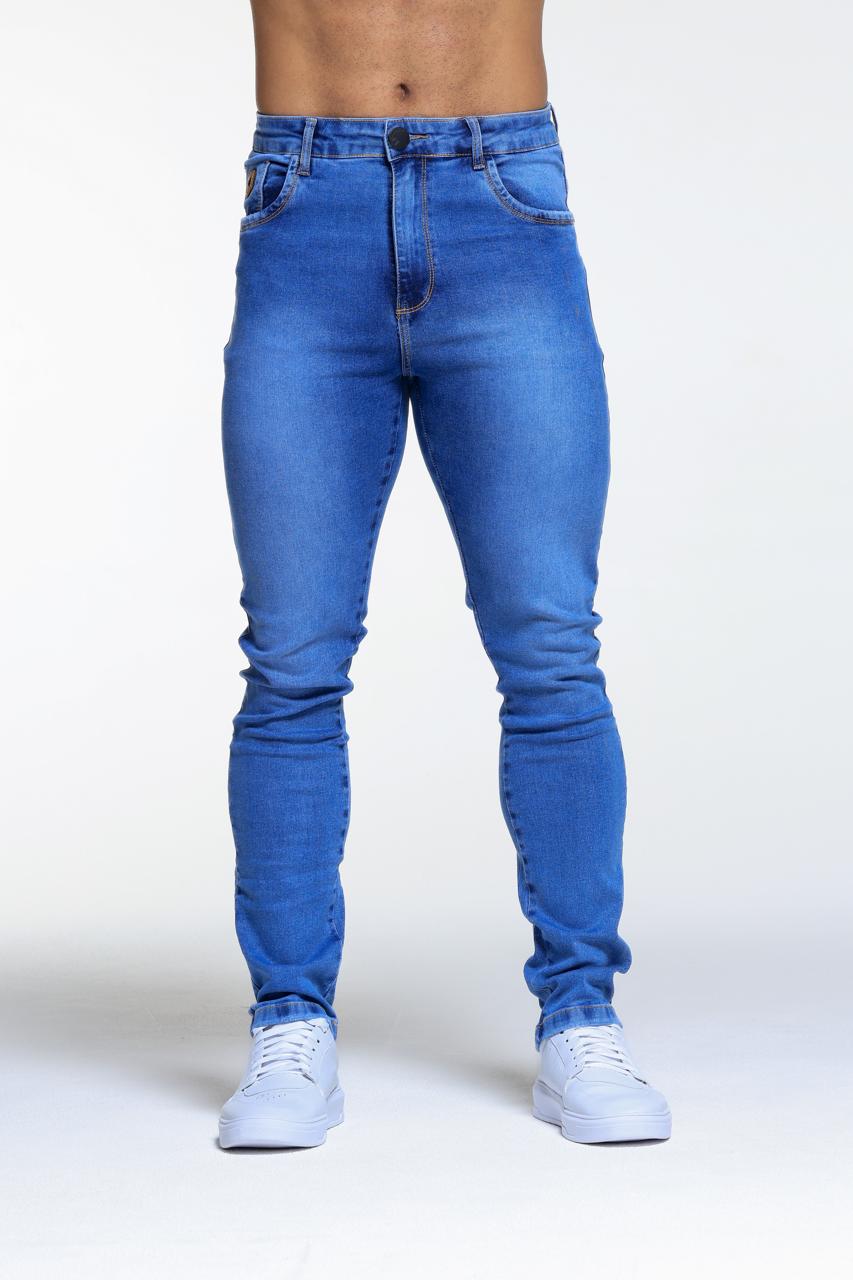 CALÇA JEANS SLIM BOTÃO PRETO AZUL MÉDIO - Imagem 3