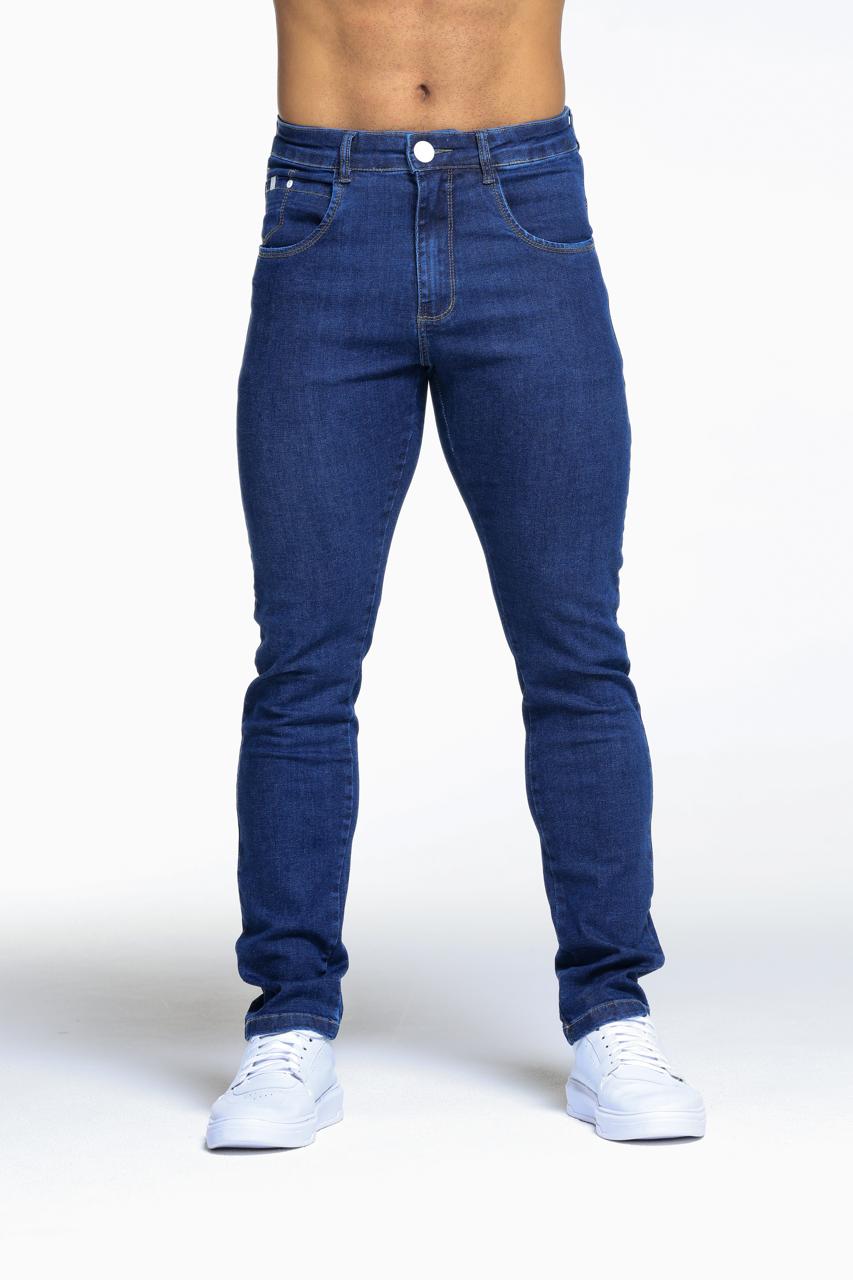 CALÇA JEANS SLIM BOTÃO BRANCO AZUL ESCURO - Imagem 2