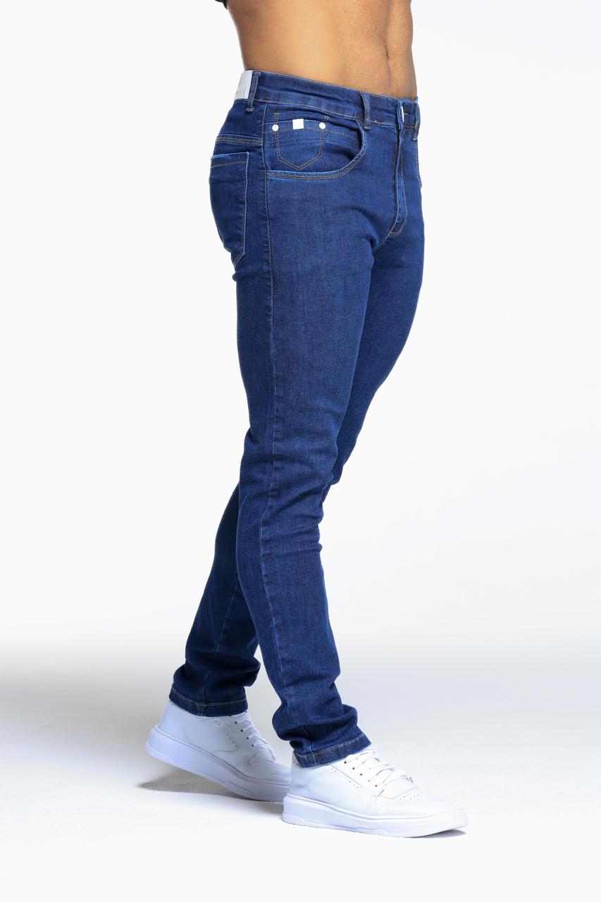 CALÇA JEANS SLIM BOTÃO BRANCO AZUL ESCURO - Imagem 3