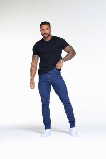 CALÇA JEANS SLIM BOTÃO BRANCO AZUL ESCURO