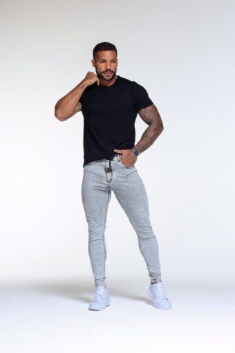 CALÇA JEANS SKINNY MARMORIZADA BOTÃO BRANCO